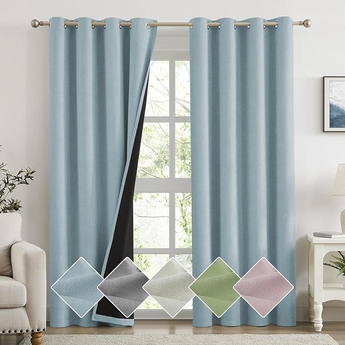 100% Blackout Curtains for Bedroom, Linen Textured Light Blue Black Out Curtains 84 Inch Long, Grommet Top Thermal Insulated Window Drapes for Living Room, 52" W x 84" L, 2 Panels