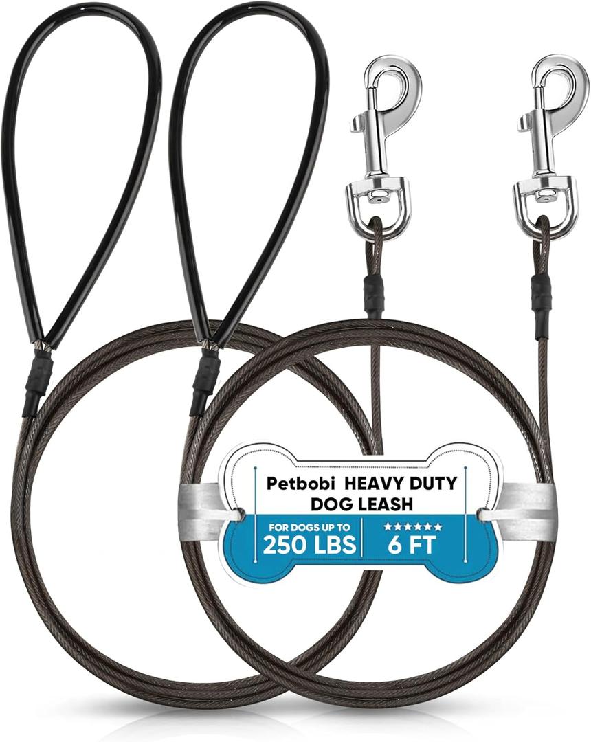 Petbobi Chew Proof Dog Leash - 6FT Metal Cable with Comfortable Padded Handle, Heavy Duty Dog Leashes for Walking Training Jogging, Brown Lead Rope for Large Medium Pets Teething Puppies, 2pcs