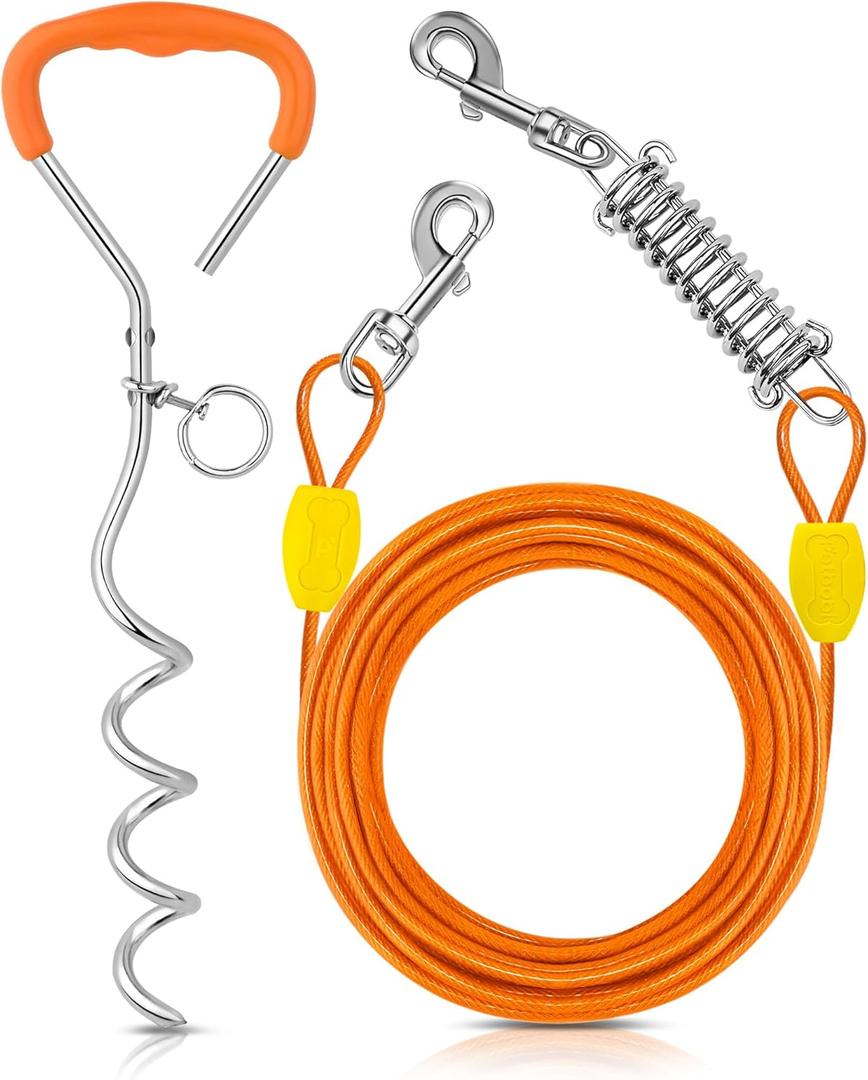 Petbobi Dog Tie-Out Cable and Stake - 20ft Heavy Duty Cable with Spring, No Tangle, 16in Ground Stake, Ideal for Yard, Camping and Beach, Suitable for Small Medium Large Dogs Up to 120 lbs, Orange