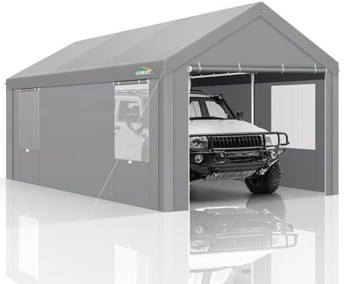 COBIZI Carports 10x20 Heavy Duty Car Canopy Garage with Roll-Up Ventilation Windows & Doors, Removable Sidewalls Portable Carport Canopy Waterproof with Built-in Sandbags for Cars, Boats, Trucks, Gray