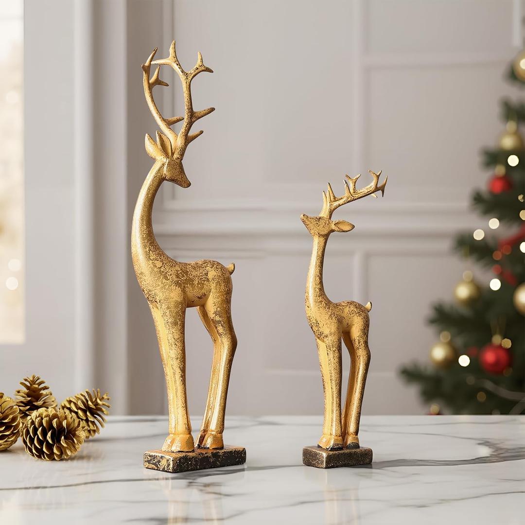 Resin Christmas Table Decor: 2pcs Golden Christmas Reindeer Figurines Set, Luxury Glitter Tabletop Centerpiece Ornaments, Farmhouse Winter Holiday Home Office Mantel Decor Party Supplies Gifts
