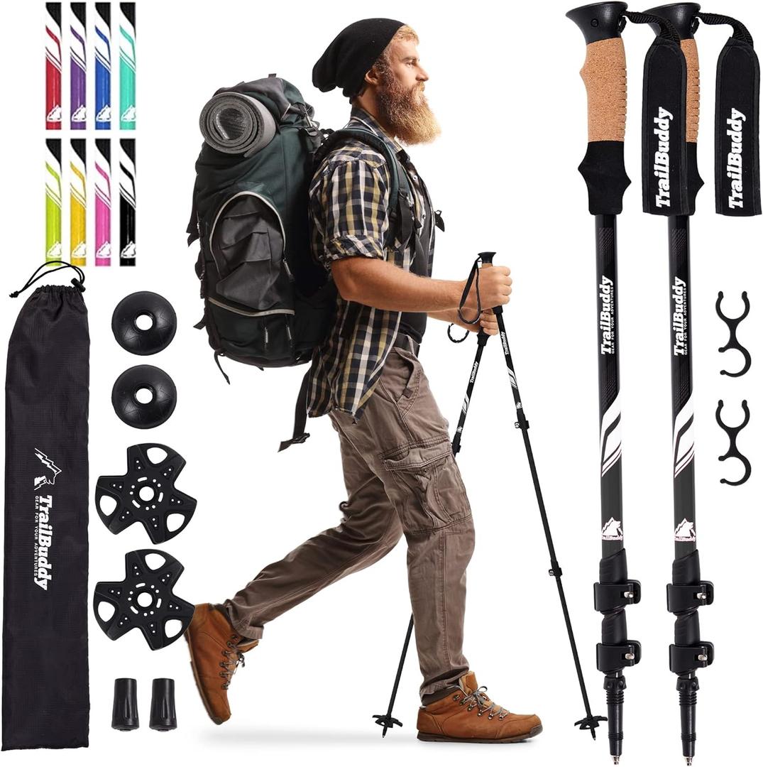 TrailBuddy Trekking Poles - Lightweight, Collapsible Hiking Poles for Snowshoe & Backpacking Gear - Pair of 2 Walking Sticks for Hiking, 7075 Aluminum with Cork Grip (Black Raven)