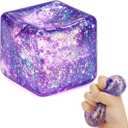 Glitter Ice Cube Squishy Fidget Toys, Squishy Cube Stress Balls for Adults & Kids, Slow Rising Stress Relief Toys, Squeeze Ball Filled with Thick Substance and Glitter (Purple)