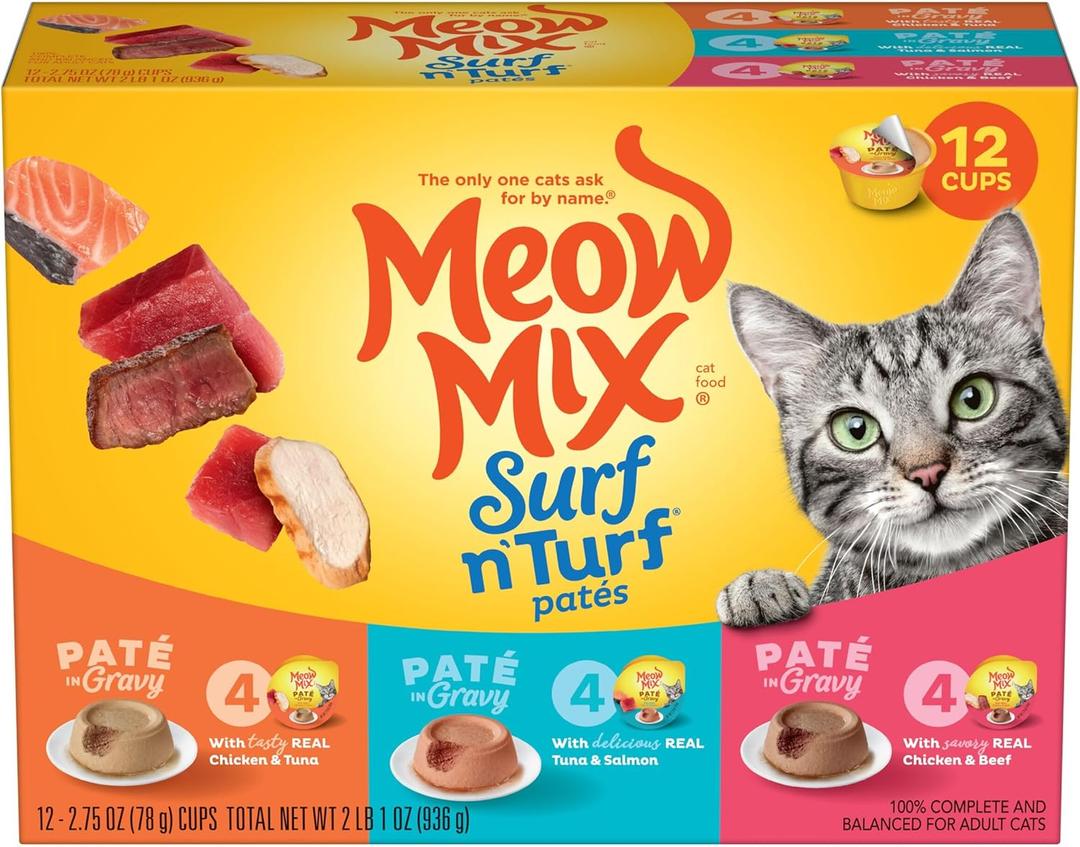 Meow Mix Paté in Gravy Surf n’ Turf Patés Variety Pack, Wet Cat Food, 2.75 oz Cup, 24 Pack  BB 7/18/27