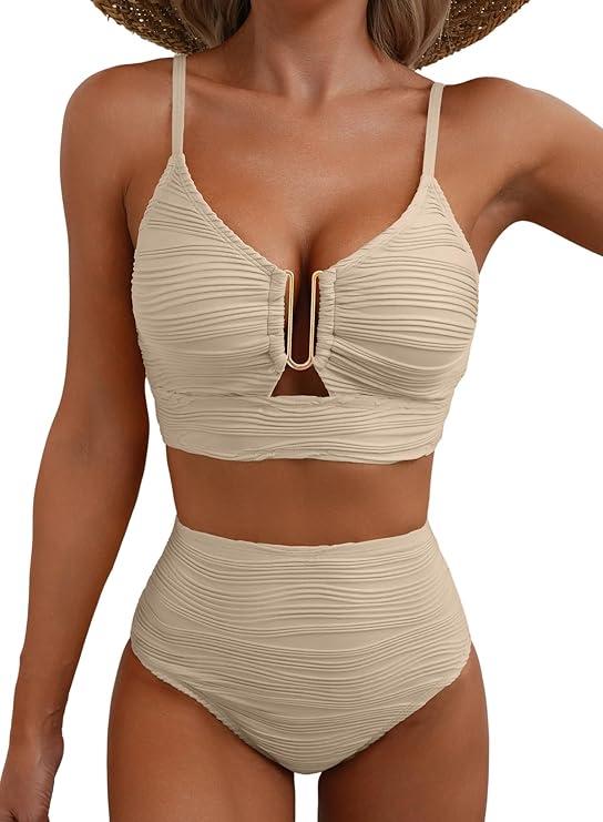 2 Piece Bikini Set U-Wire Cutout Popular Swimsuit High Waisted Textured 2026 Summer Beach Swim Bathing Suits L