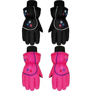 Hicarer 2 Pairs Kids Waterproof Winter Gloves Snow Gloves for Boys Girls Child Toddler Warm Ski Gloves for Cold Weather (3 - 6 Years, Black and Rose Red)