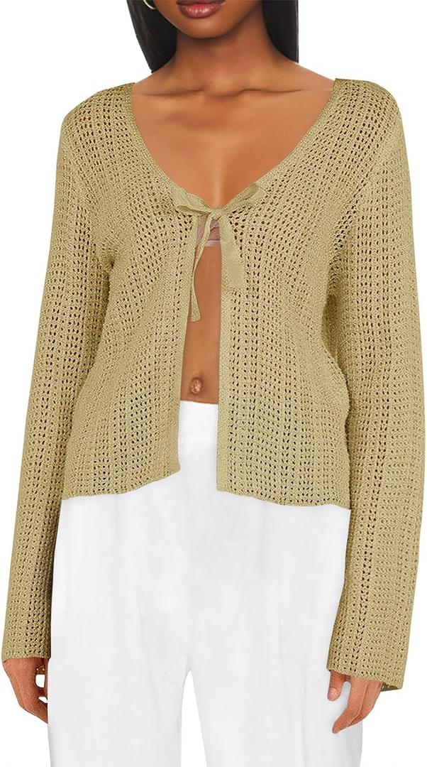 Saodimallsu Womens Summer Crochet Lightweight Cardigans Tie Front Mesh Knit Long Sleeve Casual V Neck Beach Cover Ups (S)