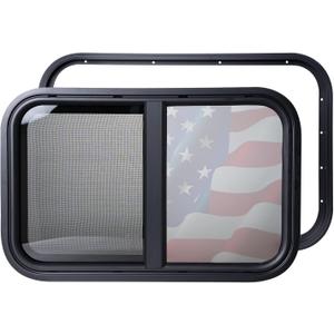 24"x15" RV Sliding Window - Horizontal Teardrop Style, DOT-Certified Tempered Glass & Trim Kit, Aluminum Alloy Frame w/Mesh Screen