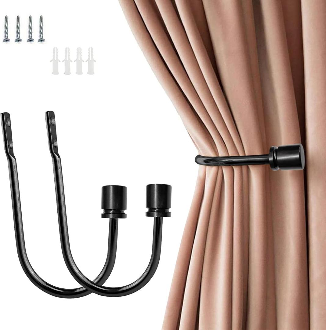 Curtain Holdback,2 Pack Wall Mounted Drapery Tiebacks with Screws, Heavy Duty Metal Decorative Window Drapery Holder Curtain Hook U Shape for Home Office,Black