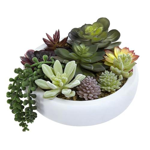 MyGift 8 Inch Round Modern Artificial Succulent Arrangement Potted in White Concrete Plant Bowl, Assorted Faux Mini Succulents in a Decorative Planter Pot