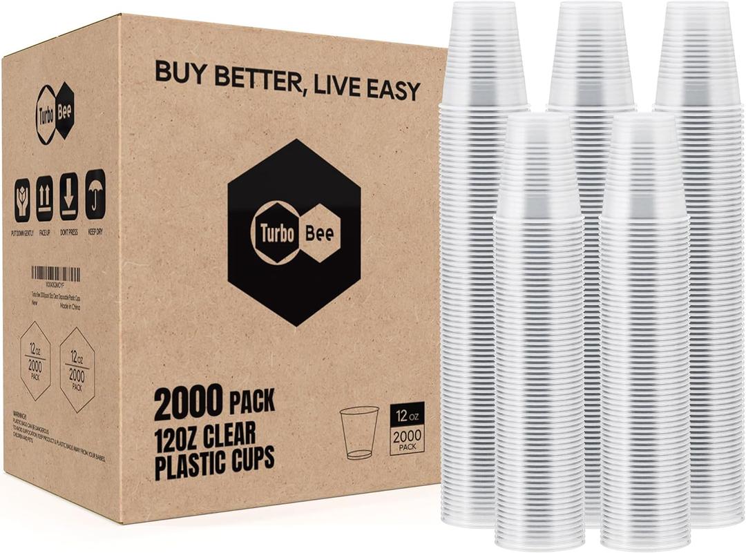 Turbo Bee 2000 Pack 12oz Plastic Cups,Clear Drinking CupsDisposable Party Cups Bulk,Hot and Cold Drink Container for Water, Juice, Soda,Coffee