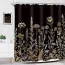 Riyidecor Black Gold Floral Wildflower Shower Curtain for Bathroom Decor 72Wx72H Golden Flower Botanical Plants Boho Vintage Rustic Art Printed Fabric Polyester Waterproof Women Girl Girly