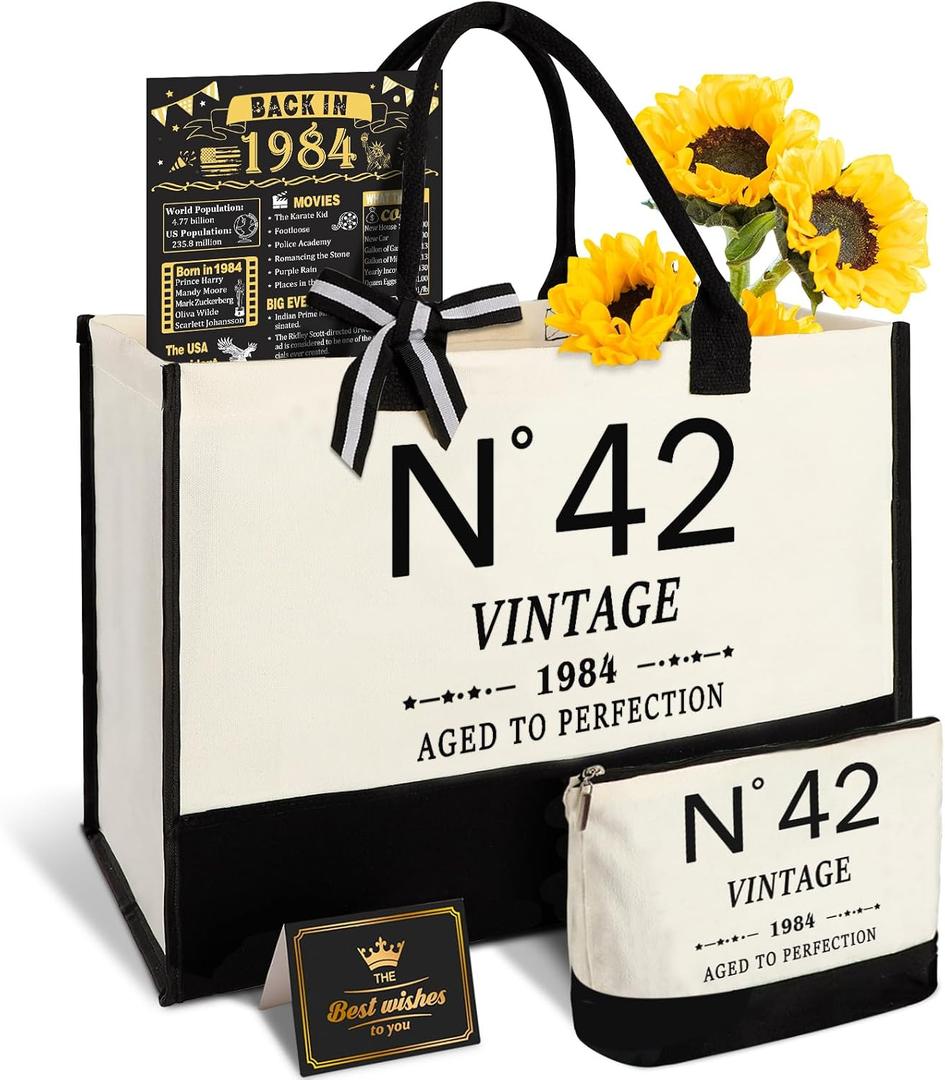 YeohJoy 42nd Birthday Gifts for Women Canvas Tote Bag Travel Gear, Unique 42 Years Old Gifts for Wife Mom Sister Aunt Friends Her, Vintage N°42 Handbag & Cosmetic Bag & Back in 1984 Poster