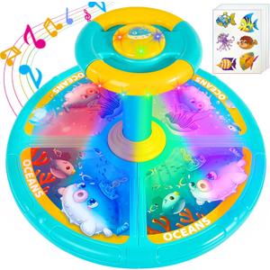 Sit and Spin, Christmas Birthday Gift Toddlers Sit and Spin Toy for 3 4 Years Old Girl Boy, 360 Ocean Interactive Sensory Spinning Toys for Ages 2-10 Kids LED & Sound with Free Stickers