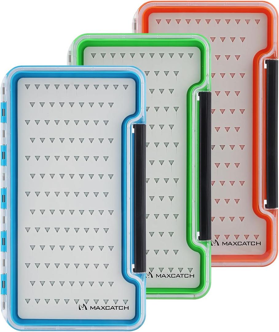 Maxcatch 3-PACK Fly Fishing Boxes Set, Super Slim Design, Waterproof Flies Storage Case with Silicone Insert, Blue, Green & Orange (Assorted Colors)