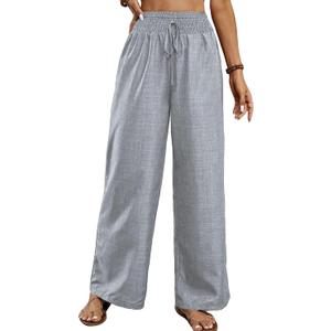Women's Teacher Outfits Casual Pants Trendy Flowy Wide Leg Pull On Elastic Waist Long Beach Lounge (Gray, M)