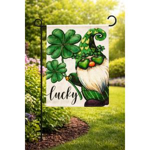 2 x St Patricks Day Lucky Gnome Garden Flag 12.5x18 Inch Double Sided Outside, Clover Shramrock Holiday Yard Outdoor Decoration