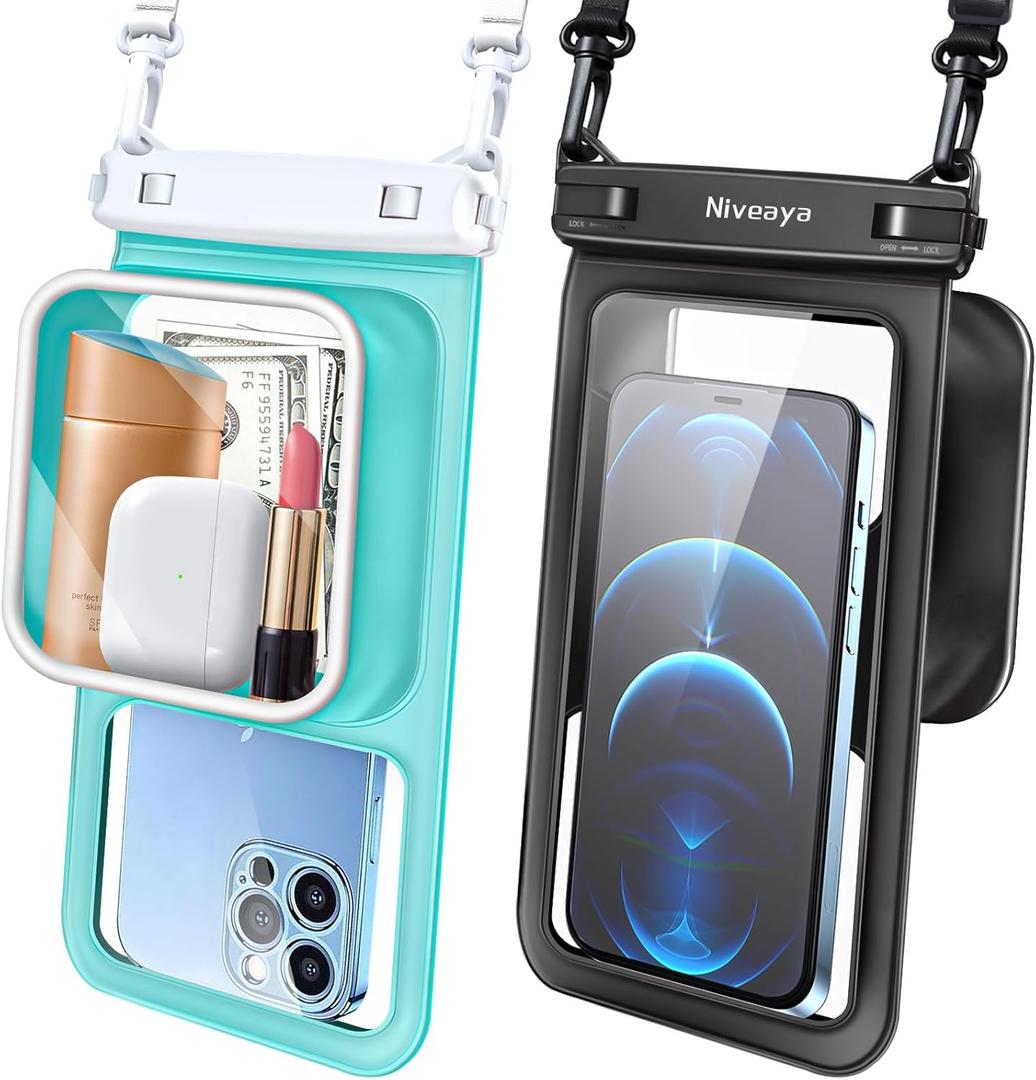 Niveaya [Floatable Floating Waterproof Phone Pouch 2 Pack-Up to 8.5", Large Space Adjustable Neck Lanyard Waterproof Phone Case, Phone Dry Bags for Vacation Beach Pool Kayak Cruise Travel Essentials (Black + Green)