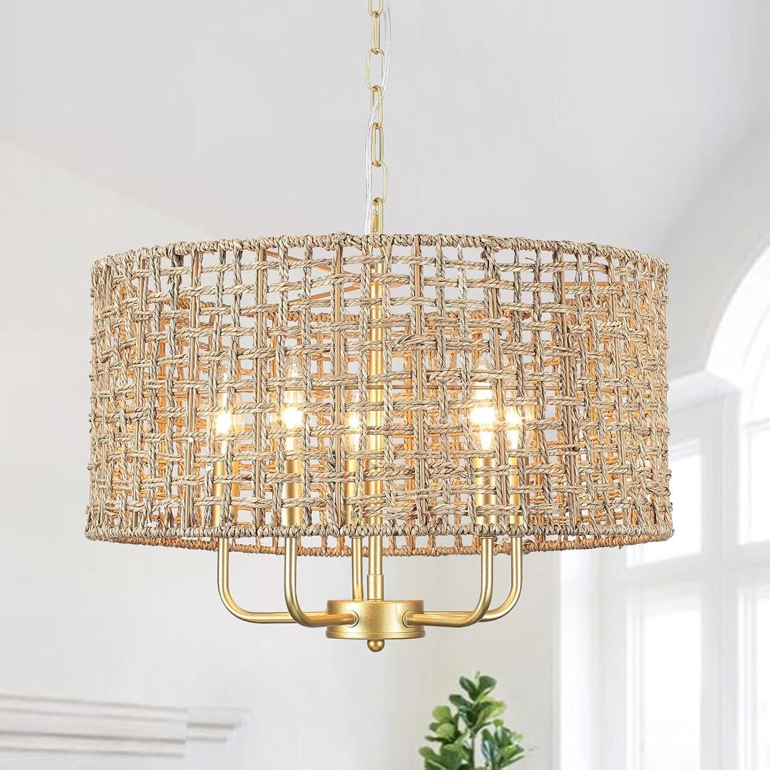 5-Light Gold Hand-Woven Rattan Chandelier Large Farmhouse Boho Chandeliers with Wicker Shade Rustic Drum Light Fixtures for Dining Room Kitchen Living Room Foyer Entryway Hallway, E12