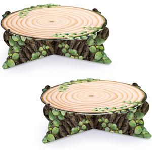 Zopeal 2 Pcs Woodland Cupcake Stand Wooden Cupcake Stand Decoration Western Cake Holder Camping Cake Holder for Woodland Baby Shower Decoration Forest Safari Birthday Party Supplies(Green Leaf)