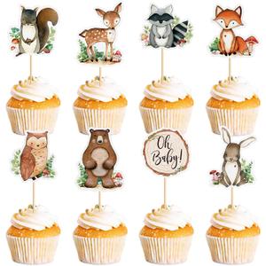32Pcs Woodland Animals Cupcake Toppers Raccoon Owl Rabbit Bear Oh Baby Cupcake Picks for Baby Shower Boys Girls Woodland Birthday Cupcake Decors Woodland Animal Party Supplies
