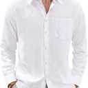 J.VER Men's Linen Shirts Casual Button Down Long Sleeve Shirt Solid Spread Collar Summer Beach Shirts with Pocket (Large, White)