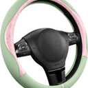 PIC AUTO Steering Wheel Cover, Pink Patterned & Green Leather Patchwork Design, Universal Fit 14.5"15.5", Anti-Slip, Odor-Free, Soft PU Grain Leather, Durable Grip Car Accessory for Girls & Women