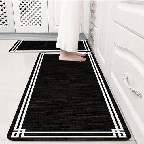 VivaNest Black Retro Elegance Frame Textured Kitchen Rug Sets [2 PCs], Anti-Fatigue, Waterproof Non-Slip Kitchen Mats Heavy Duty Comfort Foam Rug for Kitchen, Floor, Laundry,17"x29"+17"x47"