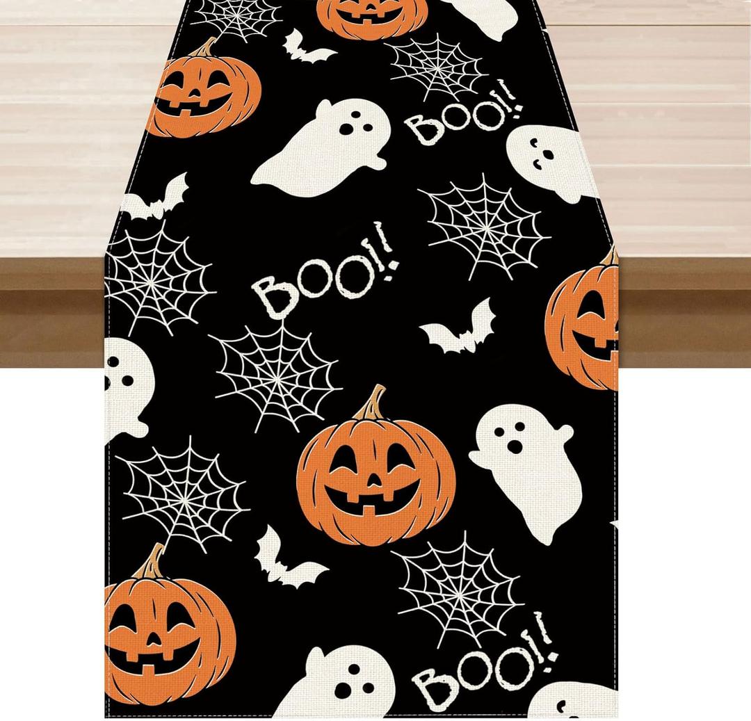 XCHI Boo Spooky Ghost Pumpkin Halloween Table Runner Burlap Table Decoration for Home Kitchen Dining Dinner Indoor Holiday Farmhouse Decor 13x90 Inch