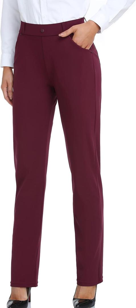 Oalka Women's Dress Pants Straight Leg Yoga Work Stretchy Pant for Office Business (Burgundy), S