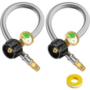 2-Pack 15 inch RV Propane Tank Hose with Gauge, Propane Pigtail for RV Propane Regulator 2 Tank Connection Kit, QCCI to 1/4'' Male Flare Dual Propane Stainless Steel Braided Hose