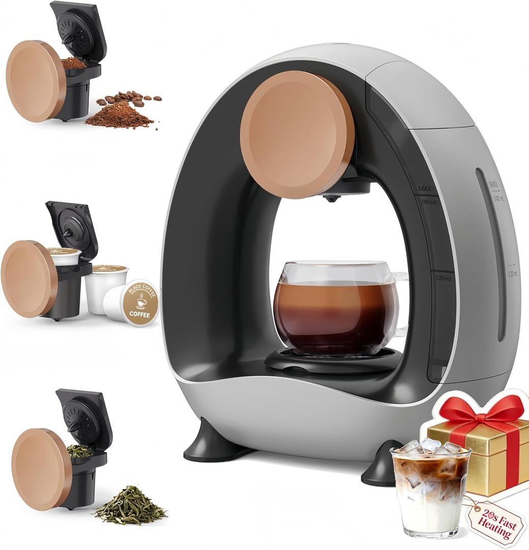3 in 1 Single Serve Coffee Maker for K Cup, Ground and Tea Leaves, Grey Mini K Cup Coffee Brewer with One Button Operation,1400W 20s Fast Heating,Small Spaces for Bedroom/Dorms/Office/Kitchen