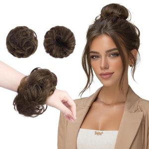 FESHFEN 2PCs Small Messy Bun Hair Piece for Thin Hair Women Girl Mini Synthetic Elastic Wavy Space-bun Scrunchies Updo Hairpieces, Chestnut Brown