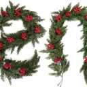6FT Christmas Garland Artificial Norfolk Pine Garland with Red Berries for Mantle, Indoor Outdoor Use,Holiday Christmas Decor (Army Green, 1.8m)