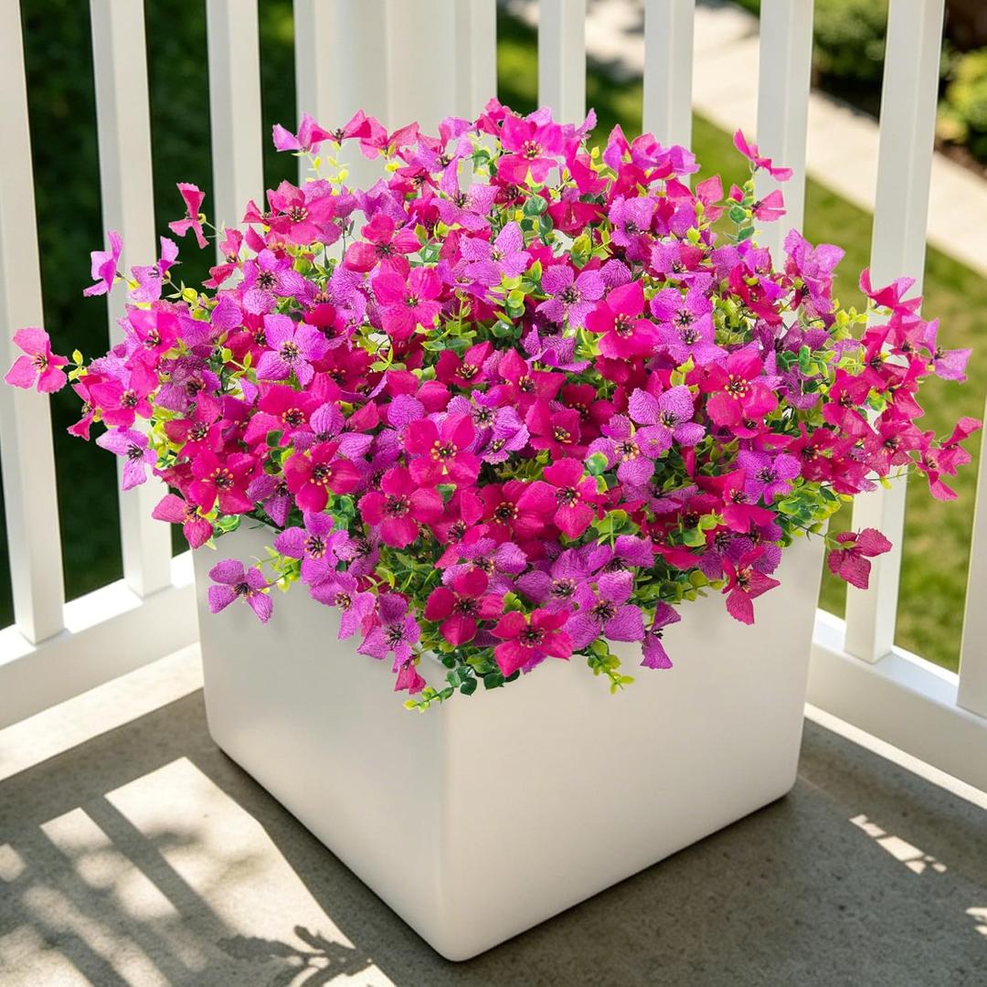 Artificial Faux Plants Flowers Outdoor Spring Summer Decoration, 12 Bundles Fake Silk Colorful Daisy Eucalyptus Realistic UV Resistant for Outside Home Planter Porch Yard Decor (Purple Red Lotus)
