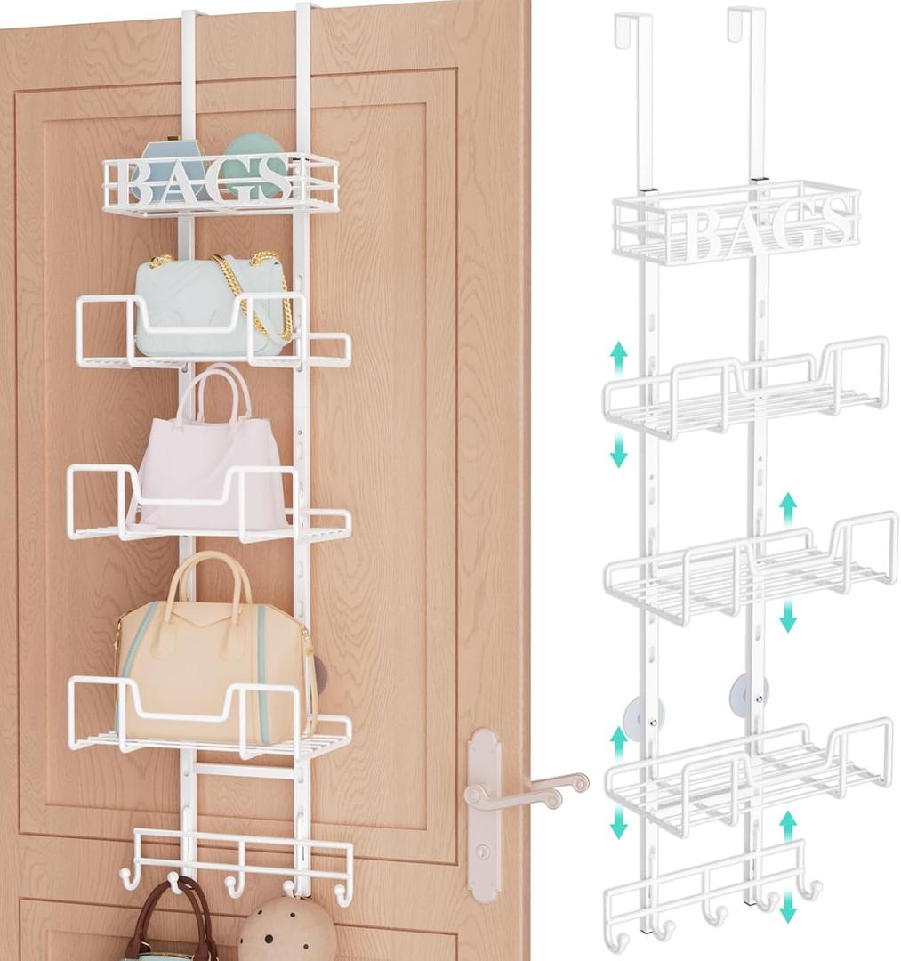 HapiRm Over Door Purse Organizer - Adjustable Purse Storage Rack with Bags Design Metal Basket, Wall Mounted Handbag Organizer, Hanging Handbag Holder, Can Use As 1/2 Part Detachable, White (5-Tier)