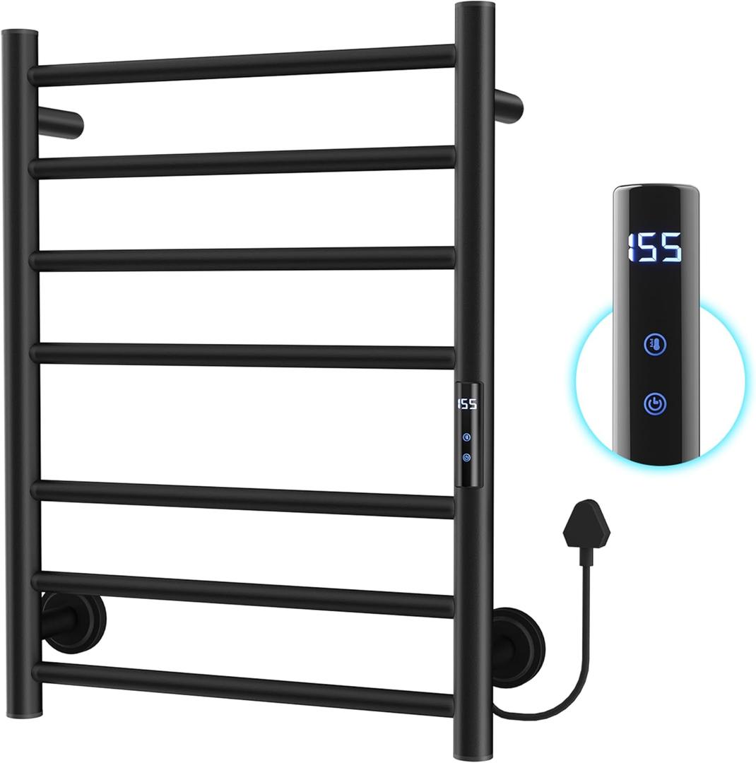 Heated Towel Rack for Bathroom, Towel Warmer Rack Wall Mounted Electric Towel Rack with 24-Hour Timer, Heated Towel Bar, Plug-in/Hardwired, 304 Stainless Steel