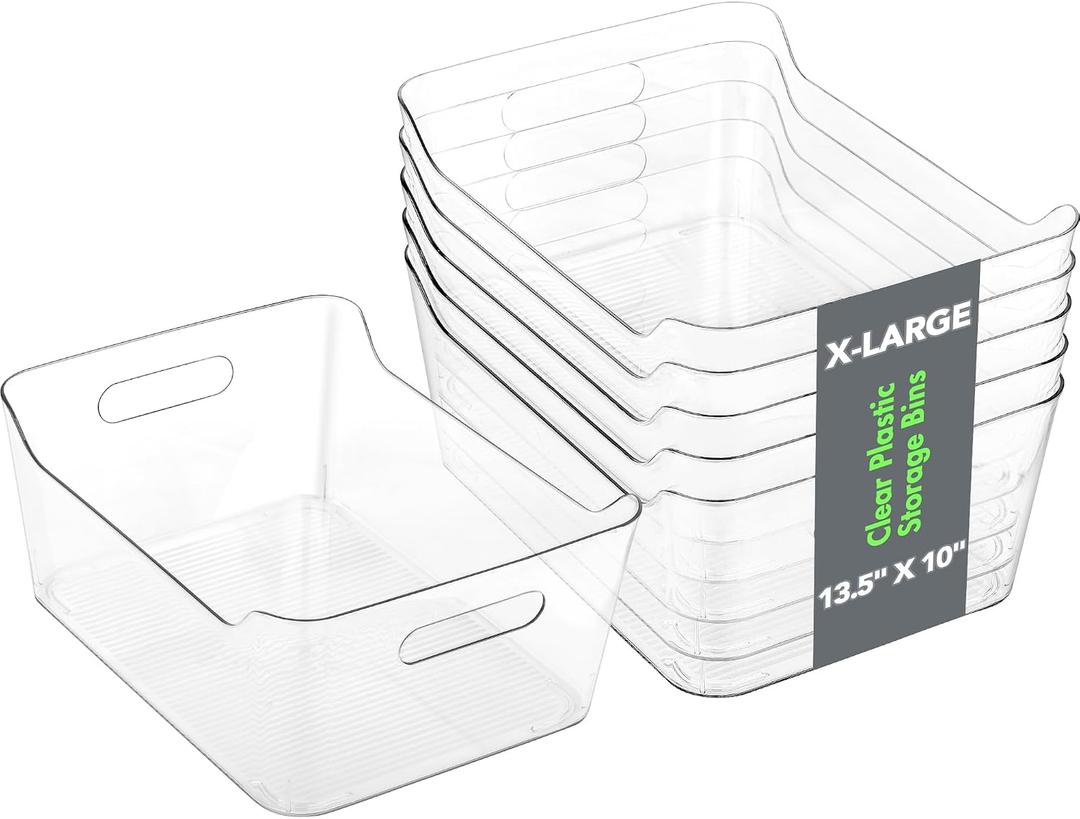 Tiawudi 6 Pack Plastic Storage Bins, Extra Large Pantry Organizer, 13.5" x 10" Clear Storage Containers and Organizer Bins, Multi-Use Bins for Home, Kitchen, Closet and Cabinet (2 damaged)