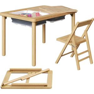 FUNLIO Foldable Wooden Sensory Table with 2 Bins & 1 Foldable Chair for Toddlers, Kids Sensory Table with Anti-Warping Plywood Lid, Indoor/Outdoor Play Sand and Water Set, CPC Certified