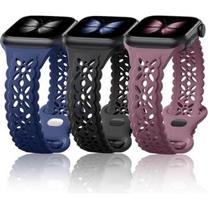 ompatible with Apple Watch Bands Women 46mm 45mm 44mm 42mm 40mm 41mm 38mm, Breathable Sport Silicone Strap Floral Lace Thin Band Replacement for iWatch SE Apple Watch Series 10 9 8 7 6 5 4 3, Smoke Violet/ Black/ Dark Blue