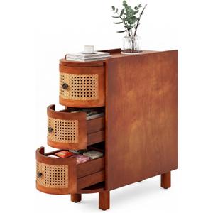 LITTLE TREE Solid Wood End Table, Rattan Narrow Side Small Table with 3 Drawers, No Assembly Required, Nightstand Bedside Tables for Living Room, Bedroom, Office, Bathroom, Brown, 1PCS