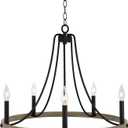 Kira Home Fairbrook 25" 5-Light Rustic Farmhouse Wagon Wheel Chandelier, Round Kitchen Island Light, Smoked Birch Wood Style + Black Finish