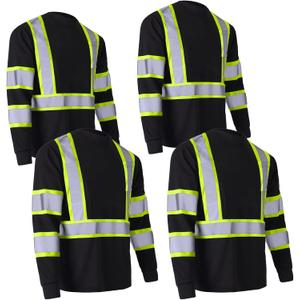 Apparel High Visibility Shirts, Long Sleeve Hi Vis Reflective Safety Shirts with Pocket for Men (X-Large, Black, 4 Pack)