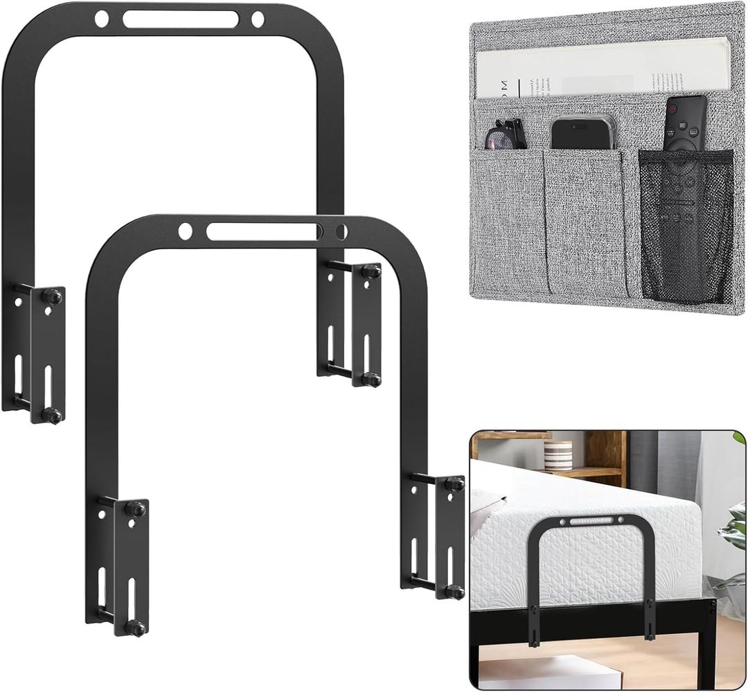 YUOROS Extra Tall Mattress Retainer Bar, Slide Stopper for Metal Frame, Holder Gripper to Keep From Sliding (2 Holders+1 Bedside Caddy), Black