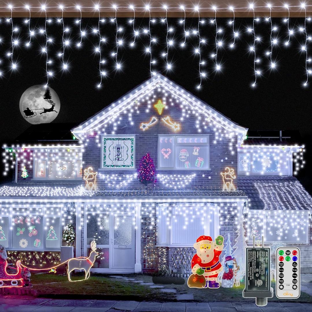 Ollny Icicle Lights for Outside 720LED 60FT, Cool White Christmas Lights with Remote 8 Modes Dimmable, Waterproof Connectable Timer Hanging Light for House Outdoor Yard Indoor Decorations