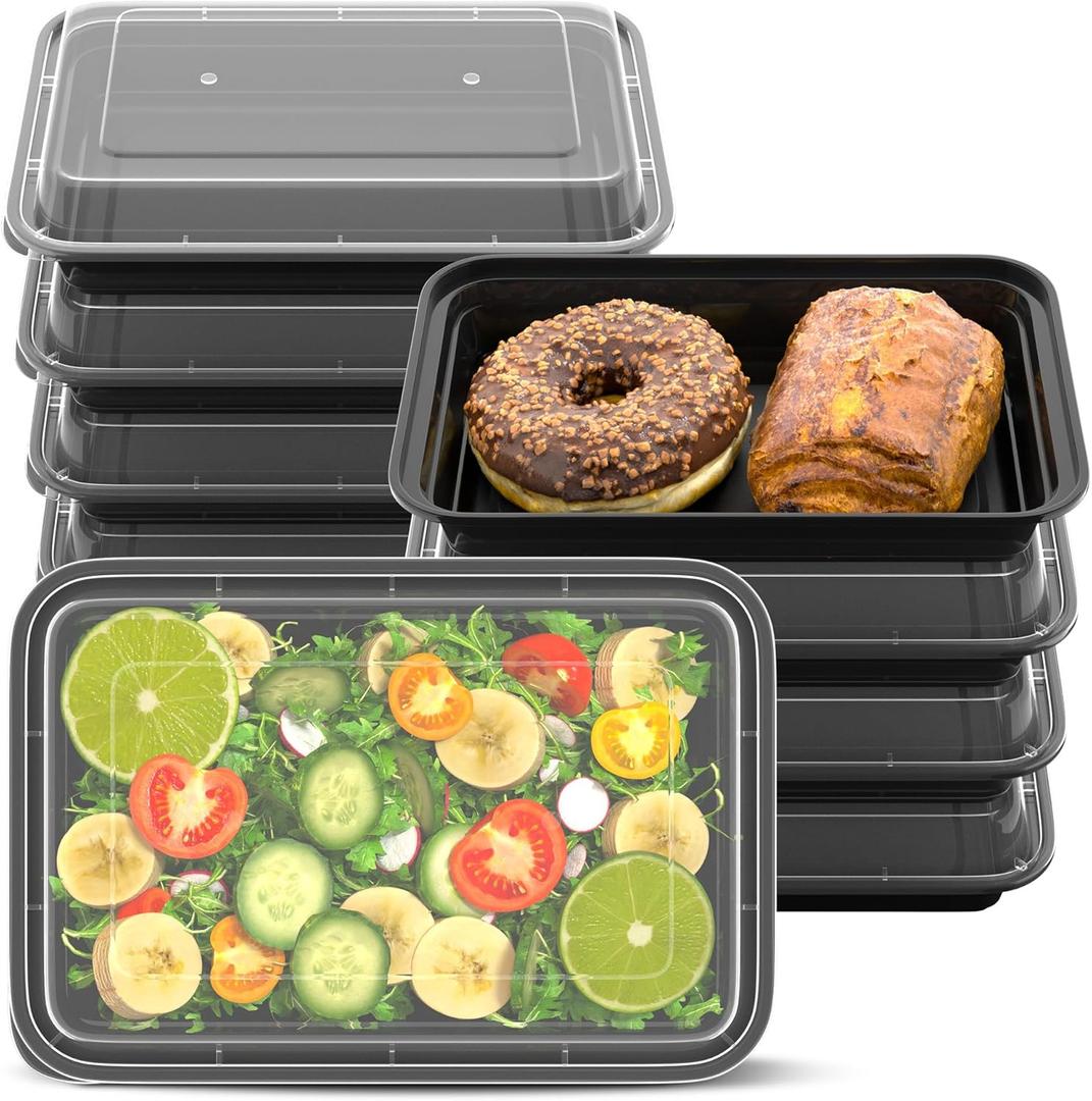 28oz Meal Prep Containers [50-Pack], Reusable Bento Box with Easy-Snap Leakproof Lids - Microwave, Dishwasher & Freezer Safe Food Storage, BPA-Free Plastic Lunch Containers (Black)