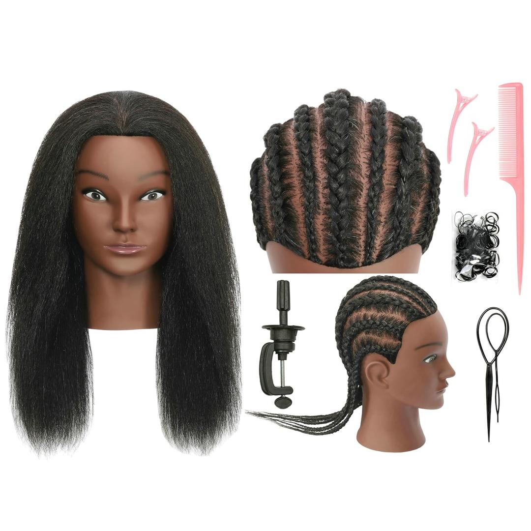 Mannequin Head 100% Human Hair Cosmetology Manikin Doll Training Head with Stand for Hairdresser Practice Braiding Styling Coloring Bleaching Dyeing Cutting Updos Display, Black