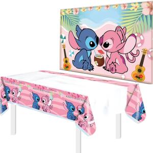 Cartoon Birthday Party Supplies Set  70x42 Inch Pink Cartoon Tablecloth with 5ftx3ft Photo Background Pink Backdrop for Birthday Tablecover and Banner for Party