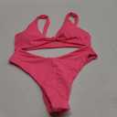 geluboao Bikini Set for Women Solid V Neck Knot Front Push Up High Leg Thong Two Piece Swimsuit (X-Large, Bright Pink)