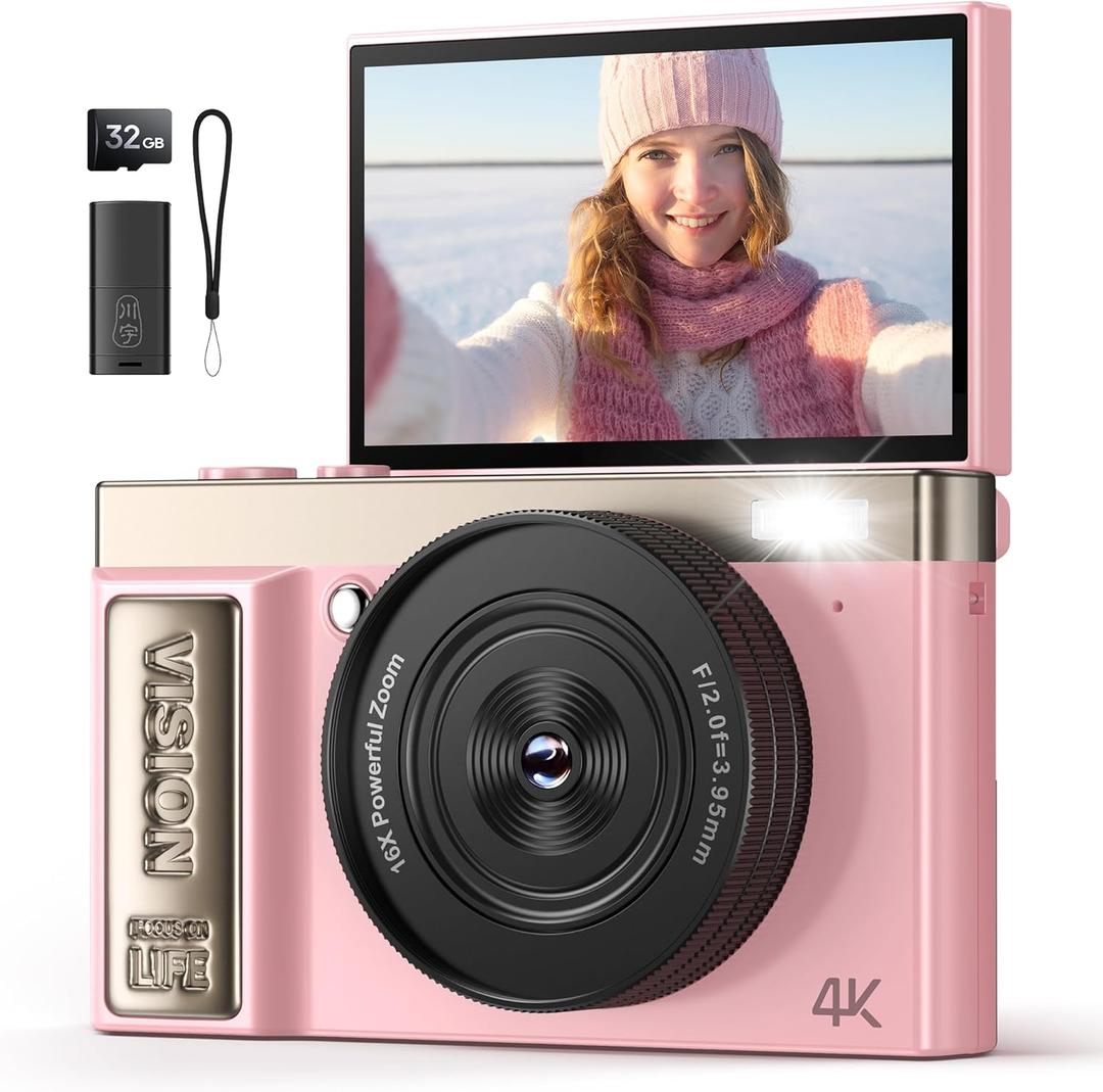 4K Digital Camera Pink for Girls Teens: 64MP Vlogging Camera with Flip Screen - 16X Zoom - Cute Compact Cam for Photography and YouTube  Aesthetic Point and Shoot Gift for Ages 8-18